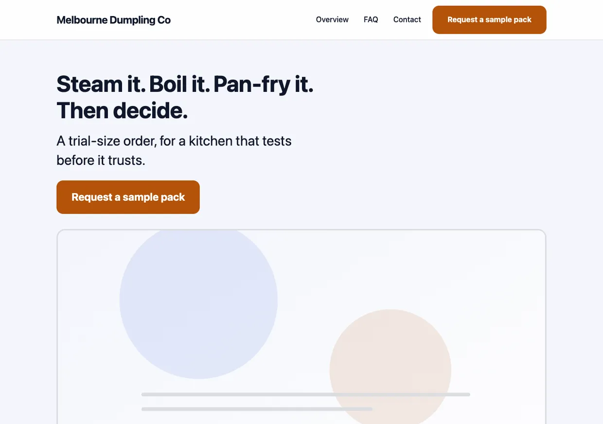A website generated by DICOS for a test fixture business: the headline 'Steam it. Boil it. Pan-fry it. Then decide.', a subheading about a trial-size order, a 'Request a sample pack' button, and a generated abstract illustration below.