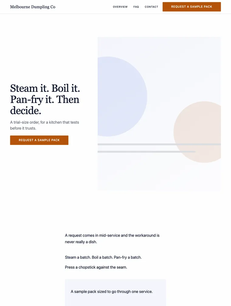 A website generated in the premium-showcase layout: a large serif headline, a wide abstract illustration bleeding off the right edge, and a call to action set in letterspaced capitals.